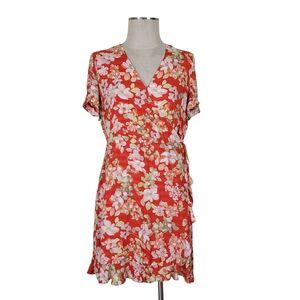 J Jill Wrap Dress Size M Petite Orange Floral Ruffled V Neck Short Sleeve Lined